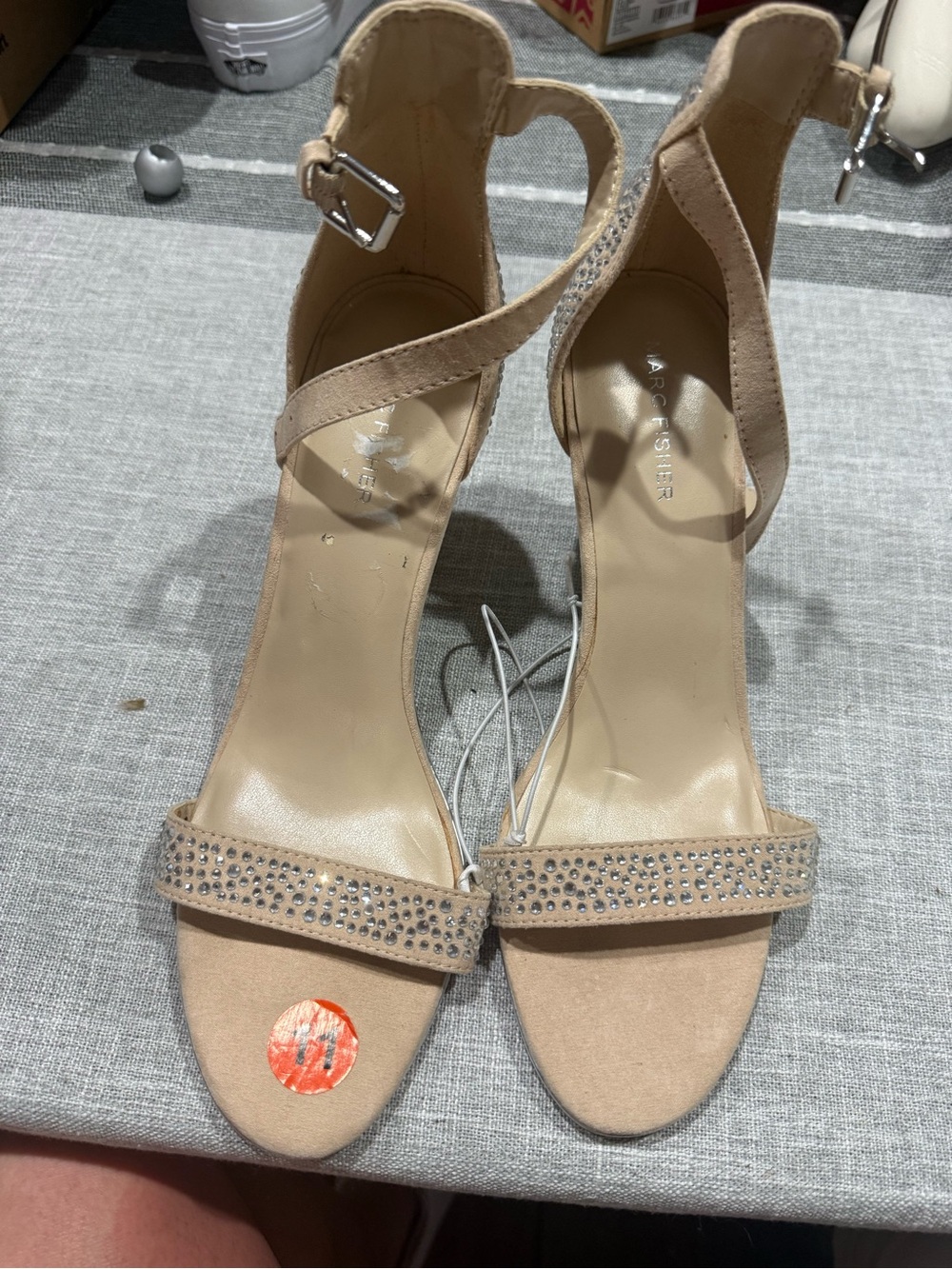 Marc Fisher Beige Suede Rhinestone Ankle-Strap Heels